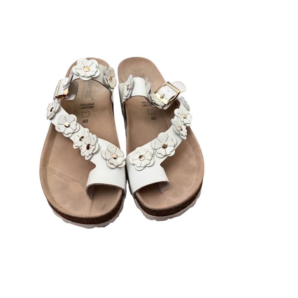 Autenti White Floral Leather Comfort Sandals Size 40 (9-9.5) Birkenstock Style